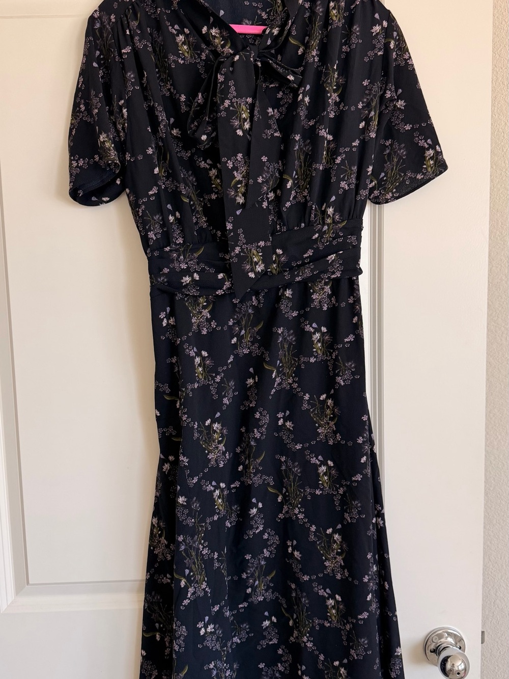 Max Studio Black Midi Dress with Lilac Floral Print and Tie Neck